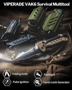 VIPERADE VAK6 Survival Multitool with Folding Knife, LED Flashlight, Pulse Ignition and Hand Crank Generator, Camping Multitool Knife Rechargeable Flashlight with Belt Sheath (Black)