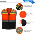 SKSAFETY 10 Pockets Professional level Safety Vest, Class 2 High Visibility Security Vest with Zipper, Hi Vis Vest with Reflective Strips, ANSI/ISEA Standard, Construction Work Vest（Orange Black, 4XL）