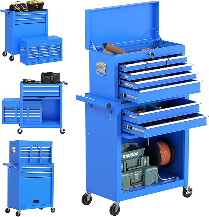8 Drawer High Capacity Rolling Tool Chest, Metal Tool Box with Wheels and Drawers, Detachable Toolbox with Lock, Heavy Duty Tool Cabinet for Workshop, Warehouse and Garage (Blue)