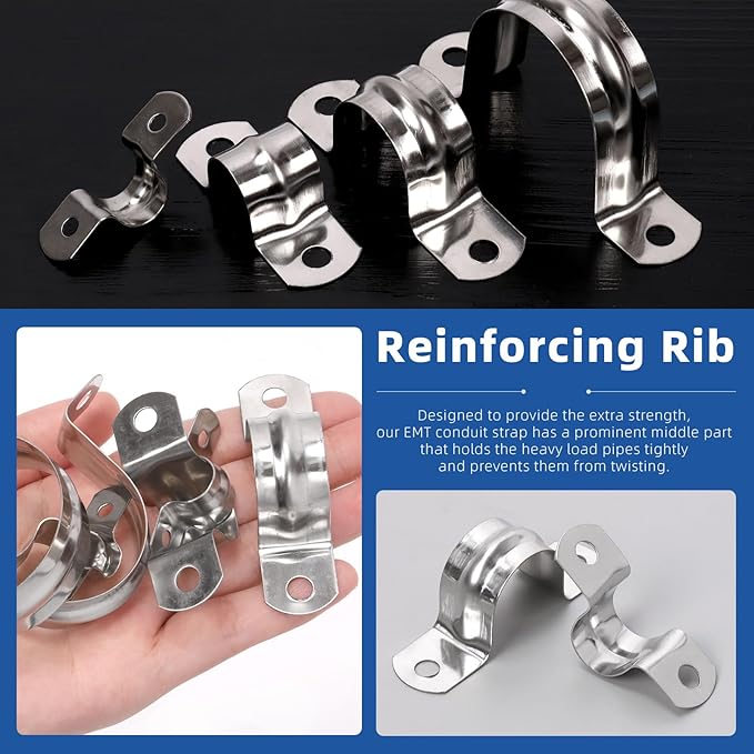 Glarks 50Pcs M8 Pipe Strap Clamp, 304 Stainless Steel 2 Hole Strap Heavy Duty Rigid Pipe Strap U Bracket Tube Strap Cable Clamp Hanger Tension Tube Clip for Pipe Tube Cable Fixing (32mm (1-1/4"))