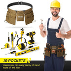 19 Pocket Tool Belts with Quick Release Buckle, Adjustable Utility Belt,Work Apron for Men and Women,for Garden,Electrician,Carpenter,Construction,Gifts(Khaki)