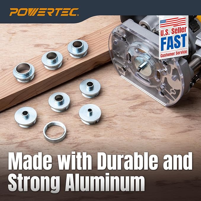 POWERTEC 72148 10pc Router Template Bushing Guides Set 5/16 to 1 Inch Fits Porter Cable Router Sub Bases & Dia 5-3/4" Trim Router Base Plate, Centering Pin and Cone, Perfect for Precision Woodworking