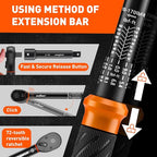 HORUSDY 1/2-Inch Drive Click Torque Wrench Set – 10–170 ft-lb / 13.6–230.5 Nm, ±3% Precision, Dual Scale, 72-Tooth Reversible Head with 5" Extension & Adapter for Car, Tire, and Motorcycle Use