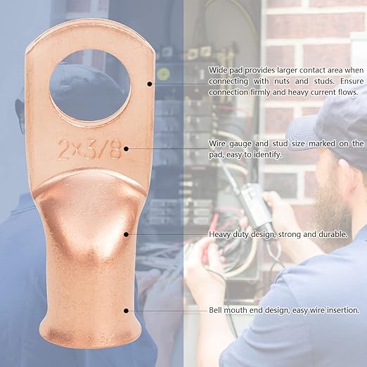 10PCS 8AWG - 5/16''Stud Heavy Duty Copper Terminals,Battery Cable Crimp Lugs,Battery Cable Ends,Bare Copper Eyelets Tubular Ring Terminals,Closed End Crimp Electric Connectors
