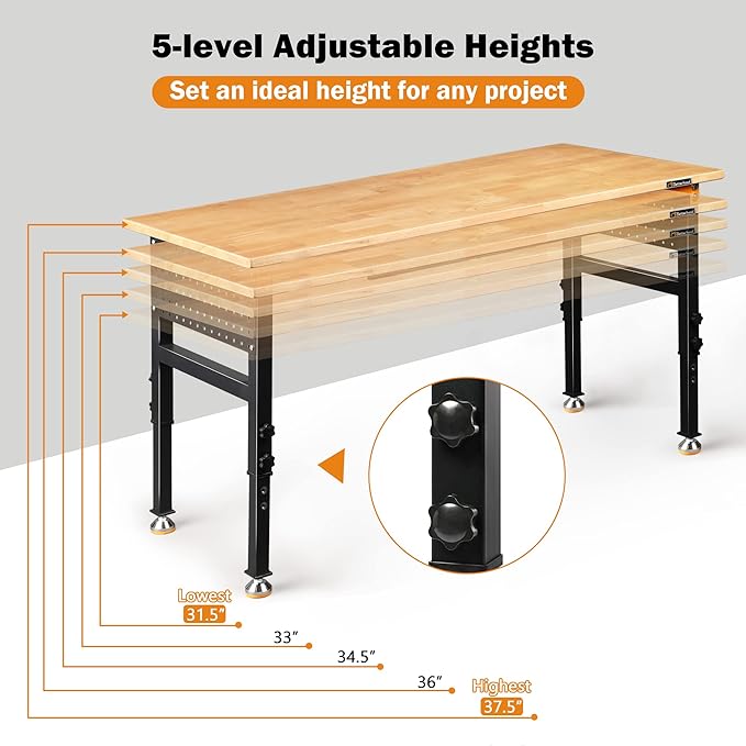 60" Heavy-Duty Adjustable Workbench for Garage, Rubber Wood Shop Table W/Double Pegboards & Drawer,Hardwood Workstation Weight Capacity Over 2000 Lbs