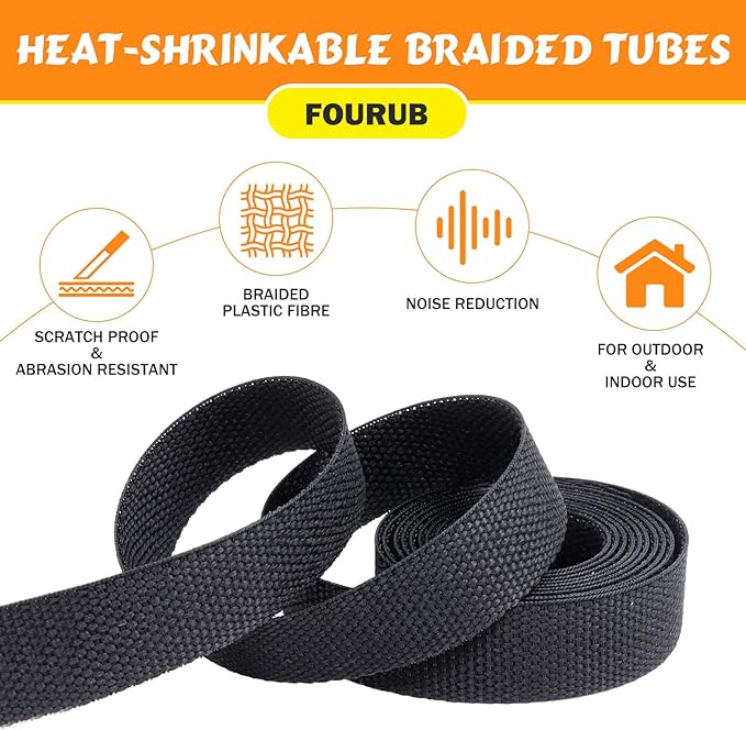 50% Ratio Heat Shrink Automotive Wire Loom Shrinkable Braided Sleeving Fabric Shrink Tubing Wear-Resistant Woven Wire Sheathing(1/2"-18ft)