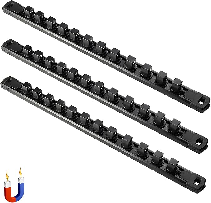 ALOANES 3-Piece Magnetic Socket Organizer, Heavy Duty Aluminum Socket Rails Organizer, 360° Swivel Clips Socket Holder Kit for Tool Box, 1/4-Inch Socket Holder x 42 Clips (Black)