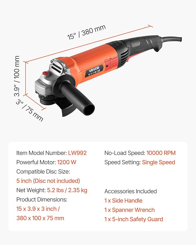 VEVOR Angle Grinder, 5" Electric Grinder Power Tool, 10Amps 10000RPM High-Speed Corded Angle Grinders with 230° Adjustable Dust Guard for Metal Grinding, Cutting, Rust Removal (Disc Not Included)