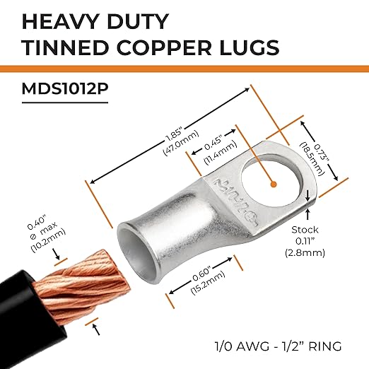 SELTERM 15pcs 1/0 AWG 1/2" Stud UL Marine Grade Battery Terminal Connectors Tinned Copper Battery Cable Lugs 0 Gauge Wire Connectors Electrical Battery Cable Ends Ring Terminals Tinned Copper Lugs