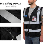 Dib Safety Reflective Vest High Visibility with Pockets and Zipper, Black 3XL