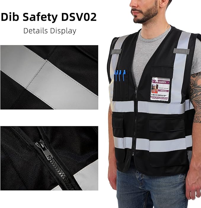 Dib Safety Reflective Vest High Visibility with Pockets and Zipper, Black S