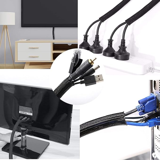 1/2" x 10ft Black/White Cable Sleeve - Protects Cords from Pets & Organizes Wires - Modern Style - Polyester Material - Flame Retardant - Easy to Use & Cut