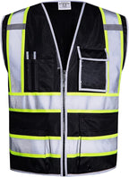 SKSAFETY 10 Pockets Safety Vest, Class 2 High Visibility Security with Zipper, Hi Vis Vest with Reflective Strips, ANSI/ISEA Standard, Construction Work Vest for Men ＆ Women （Black, XL）
