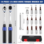 WORKPRO 1/4-inch Drive Click Torque Wrench, Inch Pound Bike Torque Wrench Set, Dual-Range 20-240 in.lb / 2.3-27.1 N.m, Lightweight Aluminum Handle, 72-Tooth, 14 Pcs, Precision for Bicycle Maintenance