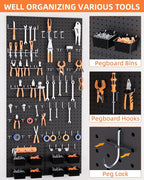 INCLY 158PCS Metal Pegboard Wall Organizer, 48x24 Inch Black Pegboard Panels Tool Organizer Kit with Accessories Hooks and Bins, Peg Board Utility Tool Storage for Garage Workbench Shed