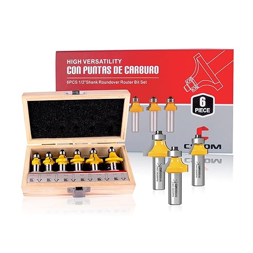 CSOOM Roundover Router Bit Set, Edge Forming 6 pcs 1/2 inch Shank,1/8", 1/4",5/16'', 3/8",7/16'',1/2'' Bearing Guide for Rounding Edge bit