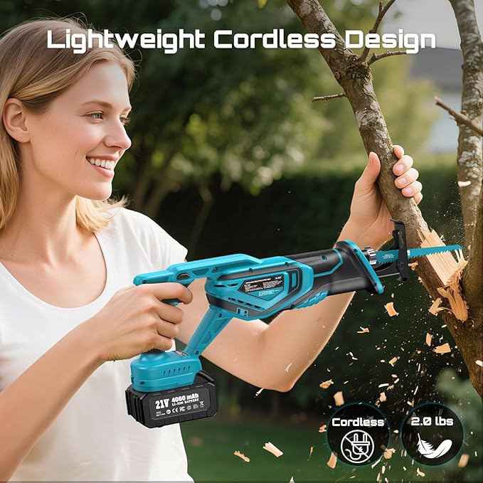 Seesii Reciprocating Saw Cordless, 3300 RPM Brushless Motor with 2 x 4.0Ah Batteries, 8 Saw Blades Portable for Wood PVC Cutting