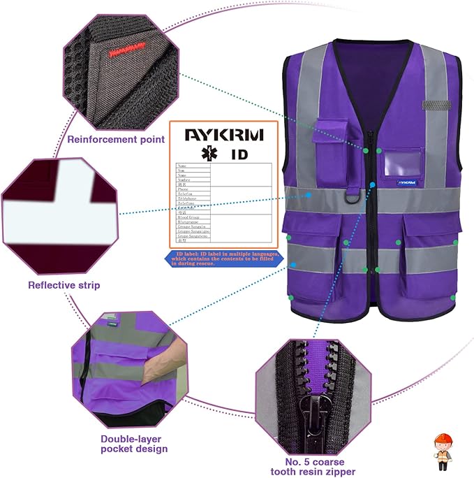 A-SAFETY Safety vest purple Protective Reflective Safety Vest Workwear, 7 Pockets Hi Vis Durable Vest with Reflective Tapes, 4 Lower Pockets, Purple