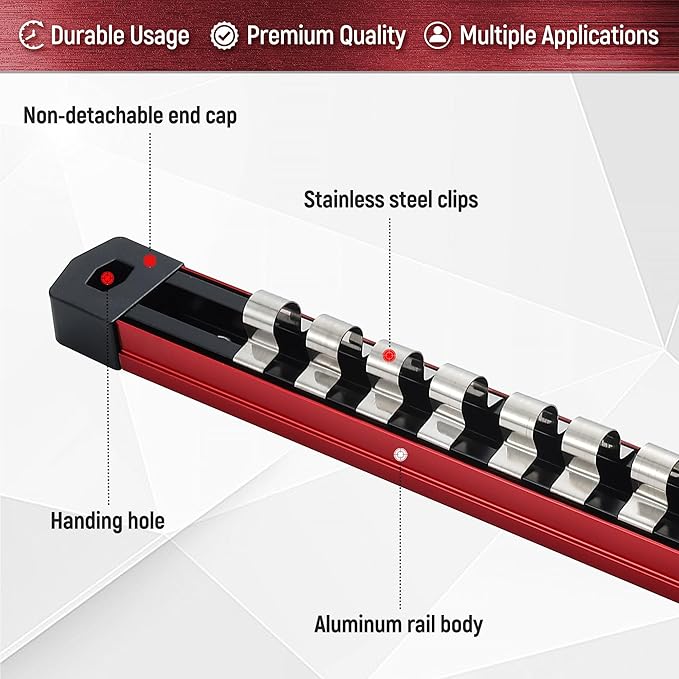 ALOANES 1/2-Inch Drive Magnetic Socket Organizer, Heavy Duty Aluminum Socket Rails, 11 Stainless Clips (Red)