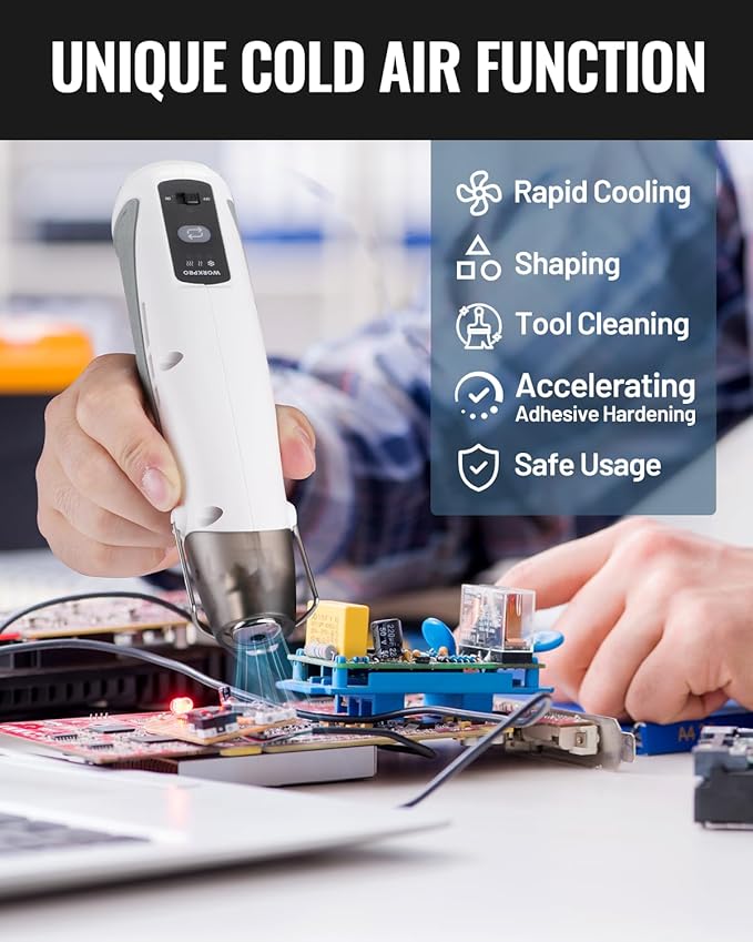 WORKPRO 7.2V Mini Cordless Heat Gun, 680℉ Hot Air Gun with Reflector Nozzle, 3 Temp Settings - Cool Air, 302℉(150℃)/680℉(360℃), Fully Ceramic Heating Core for Craft Embossing