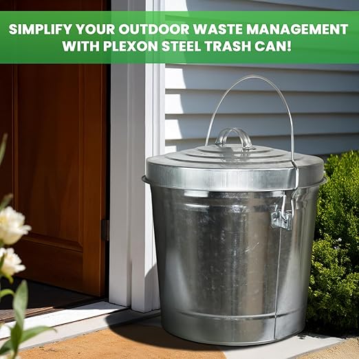 Plexon Metal Trash Can with Locking Lid Outdoor Storage Bucket for Bird Seed Ash 6-Gallon Galvanized Steel 3 Pack