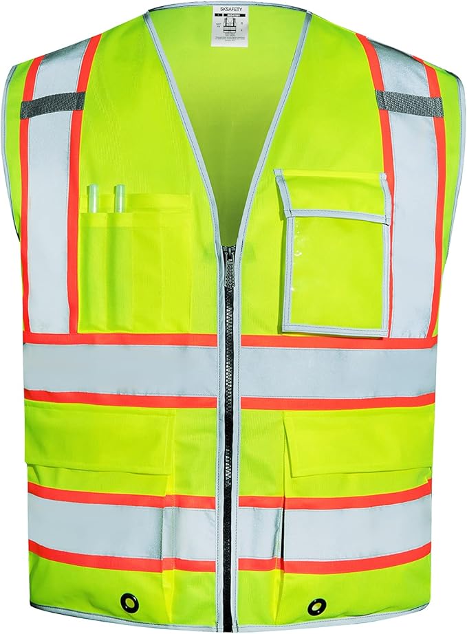 SKSAFETY 10 Pockets Safety Vest, Class 2 High Visibility Security with Zipper, Hi Vis Vest with Reflective Strips, ANSI/ISEA Standard, Construction Work Vest for Men ＆ Women （Lime, M）