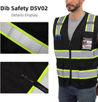 Dib Safety Reflective Vest High Visibility with Pockets and Zipper, Black with Yellow Trim 2XL