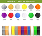PLA+ 3D Printer Filament 1.75mm No Tangle, Net Weight 250g Spool, 12 Packs, PLA Pro Plus, 12 Assorted Multiple Colors, Total 3KG Material