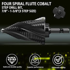 M35 Cobalt Step Drill Bit Four Spiral Flute, 3/16"-1-3/8" (19 Step Sizes) - Ideal for Metal, Stainless Steel, Wood, Plastic - 1/4" Hex Shank