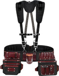 FUERI Tool Belt With Suspender Men Carpenter Pouches Construction Bags Electrician Belts Framer Worker Pouch Bag Holder Organizer 26 Pocket Nylon Leather Black Professional Set - Medium