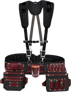 FUERI Tool Belt With Suspender Men Carpenter Pouches Construction Bags Electrician Belts Framer Worker Pouch Bag Holder Organizer 26 Pocket Nylon Leather Black Professional Set - Medium