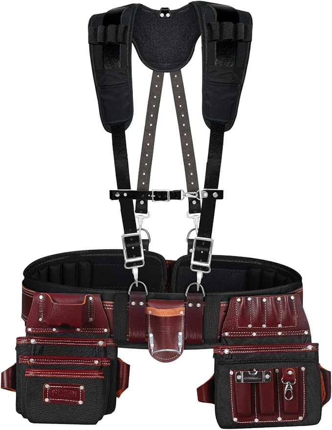 FUERI Tool Belt With Suspender Men Carpenter Pouches Construction Bags Electrician Belts Framer Worker Pouch Bag Holder Organizer 26 Pocket Nylon Leather Black Professional Set - Medium