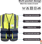 A-SAFETY Protective Reflective Safety Vest Workwear, 7 Pockets Hi Vis Durable Vest with Reflective Tapes, 4 Lower Pockets, Yellow&Navy, XL