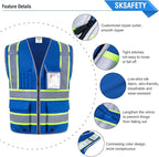 SKSAFETY 10 Pockets Safety Vest, Class 2 High Visibility Security with Zipper, Hi Vis Vest with Reflective Strips, ANSI/ISEA Standard, Construction Work Vest for Men ＆ Women （Blue, 3XL）
