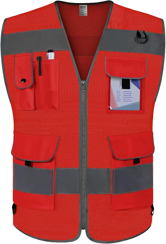 TCCFCCT Mesh Hi Vis Vest 9 Pockets High Visibility Reflective Safety Vest for Men Women, Safety Construction Vest with Reflective Strips, Meets ANSI/ISEA Standards, (Red, Medium)