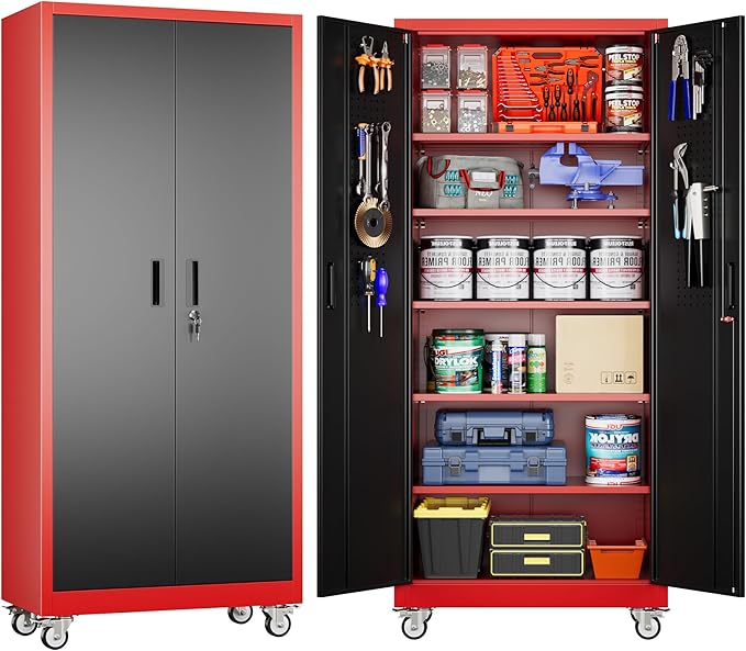 Metal Garage Storage Cabinet with Pegboard, 71''H*32" W*16" D Rolling Tool Cabinets on Wheels with 5 Adjustable Shelves for Garage Home Warehouse Utility Room, Assembly Required,Red and Black