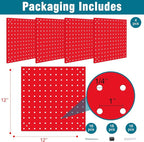 4 Pack Steel Peg Board,Universal 1/8 and 1/4 Pegboard Accessories,Ideal for Garage Tool Storage, Office Organization, Craft Room, Kitchen etc. (Red, 4-12X12)