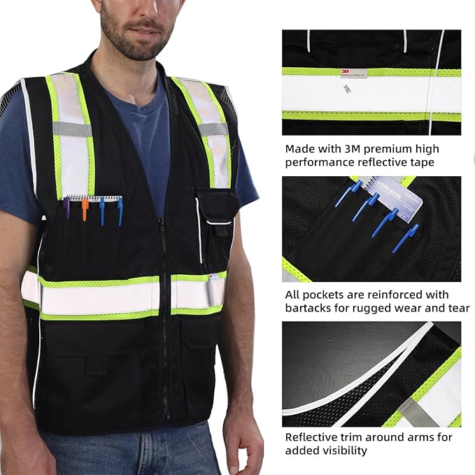 Dib Safety Vest Reflective Black Mesh, High Visibility Vest with Pockets and Zipper, Heavy Duty Vest Made with 3M Reflective Tape XL