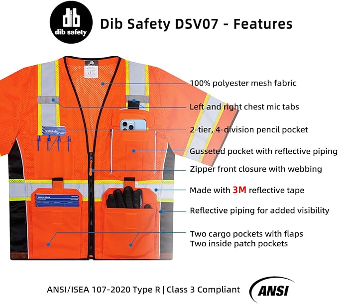 Dib Safety Reflective Mesh Vest ANSI Class 3, High Visibility with Pockets and Zipper, Made with 3M Reflective Tape, Orange XL