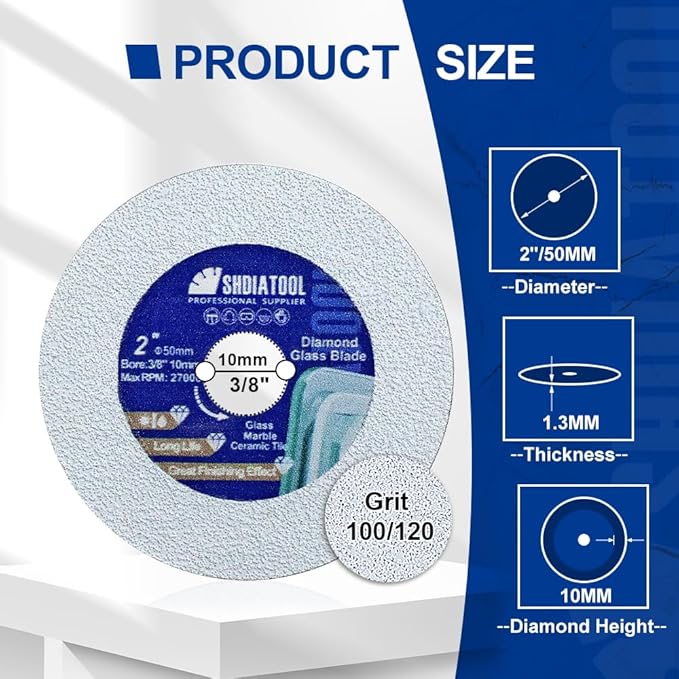SHDIATOOL Glass Diamond Cutting Disc 2-Inch Saw Blade, Ultra-Thin Cut Off Wheel for Tile Ceramic Porcelain Marble 50mm