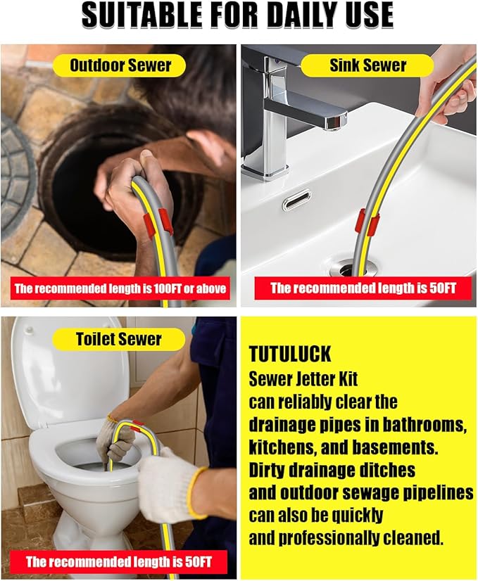 Sewer Jetter Kit for Pressure Washer 150FT, Drain Cleaner Hose 5800PSI 1/4 Inch NPT Corner with Sewer Cleaning Tool High Pressure Nozzle and Spanner Waterproof Tape