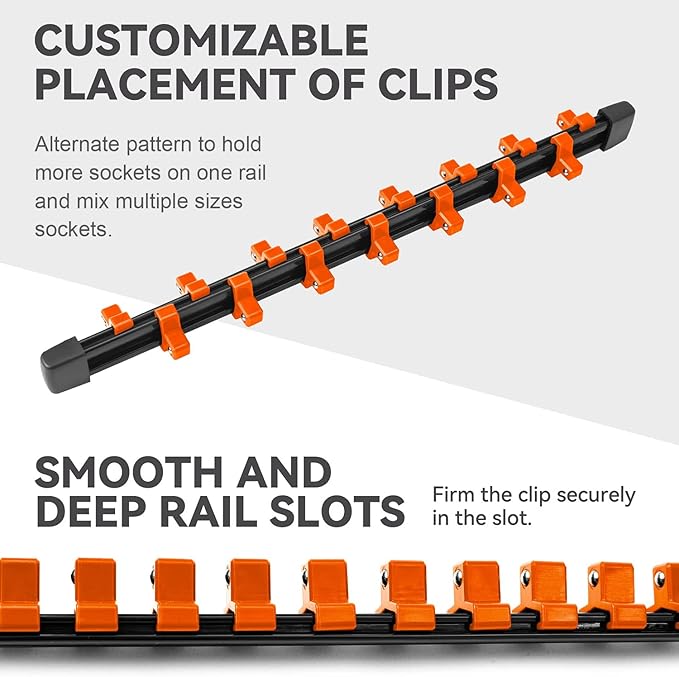 ALOANES 9 PC ABS Socket Organizer, 1/2 inch, 3/8 inch and 1/4 inch Drive Socket Rail Holders, Heavy Duty Socket Racks, Black Rails with Orange Clips