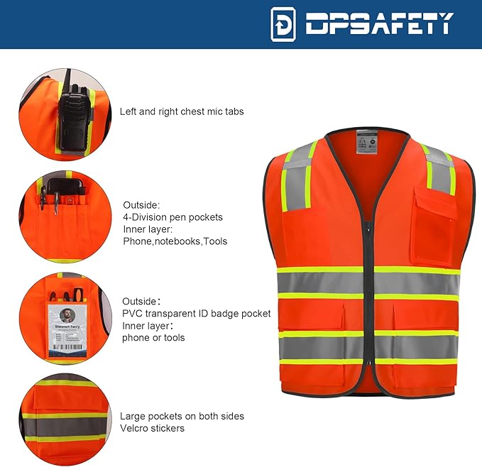 9 Pockets High visibility Class 2 Safety Vest，Hi Vis Vest with 2 inch wide Reflective Strips security vest with Zipper construction work vest for men &women Orange，Large