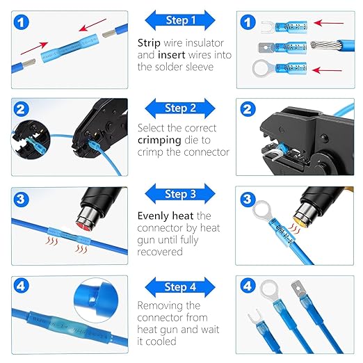 Kuject 720PCS Heat Shrink Wire Connectors Kit, Electrical Waterproof Crimp Butt Terminals, Insulated Spade Connectors for Automotive Marine Boat Truck, Include Rings Forks Spade Butt Splices
