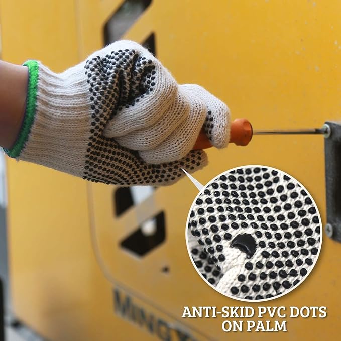 Evridwear Cotton Polyester String Knit Shell Safety Protection Work Gloves for Painter Mechanic Industrial Warehouse Gardening Construction Men & Women 12 Pairs, With One Size Dots, XL Size
