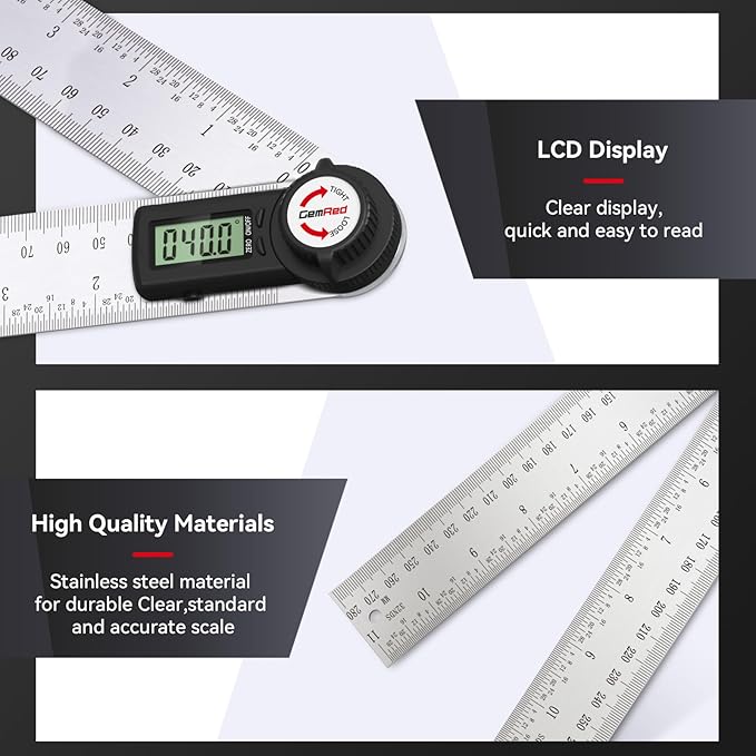 GemRed 82305 Digital Angle Finder Protractor (Stainless steel 300mm)