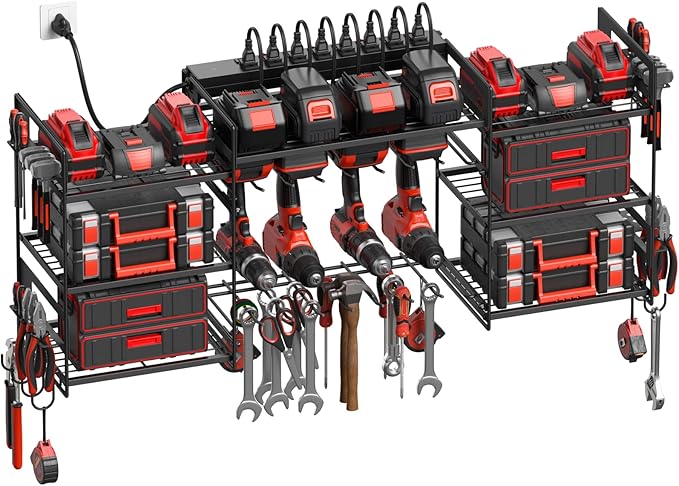 CCCEI Black Power Tool Organizer Wall Mount, Large Tools and Battery Storage Rack Charging Station Individual Switches. Drills Holder, Garage Utility Shelves with 10FT Power Strip. Gift for Men.