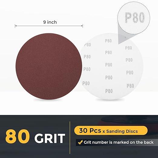 HARFINGTON 30 Pcs 9 Inch Sanding Disc 80 Grit Hook and Loop Sandpaper Random Orbital Sander Pads for Woodworking Automotive Metal Polishing