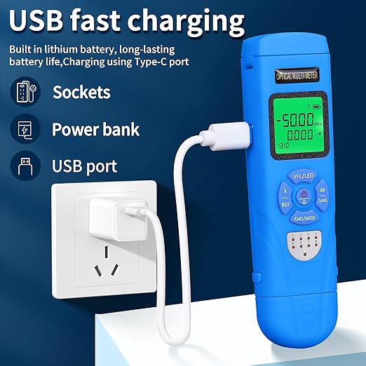 Rechargeable Optical Power Meter L-C50-15km mini Fiber Cable Tester Suitable for SC/FC/ST/LC Interface 4-in-1 Function Built-in 15km Visual Fault Locator RJ45 Network Testing with 1 FC-LC Adapter