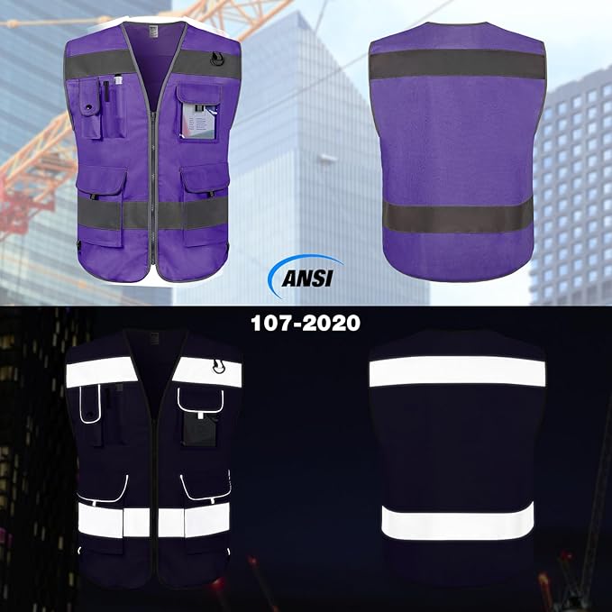 TCCFCCT Reflective Vest 9 Pockets High Visibility Safety Vest for Men Women, Hi Vis Construction Work Vest with Reinforced Sewing, Durable to Use, Meets ANSI/ISEA Standards, (Purple, XX-Large)
